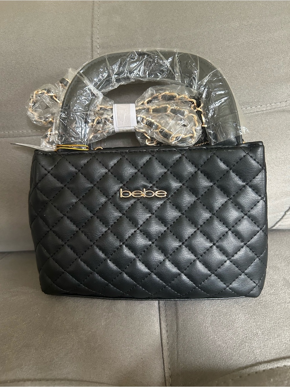 bebe Black Quilted Top-Handle Mini Bag with Gold Hardware